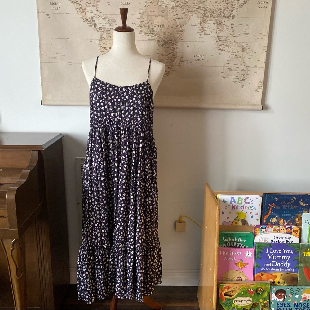 Madewell Dark indigo Ditsy dandelion Floral Spaghetti Strap tiered maxi Dress 10